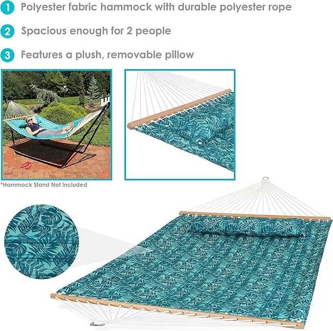 Sunnydaze Quilted Outdoor Hammock with Spreader Bars - Heavy-Duty 450-Pound Capacity Double Hammock for Outside - Cool Blue Tropics