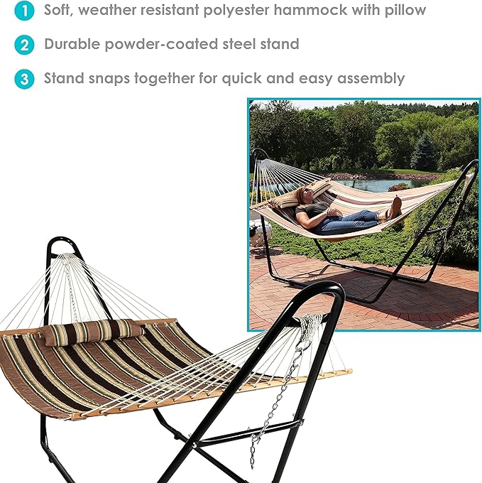 Sunnydaze Double Quilted Fabric Hammock with Universal Steel Stand - 450-Pound Capacity - Black Stand - Sandy Beach