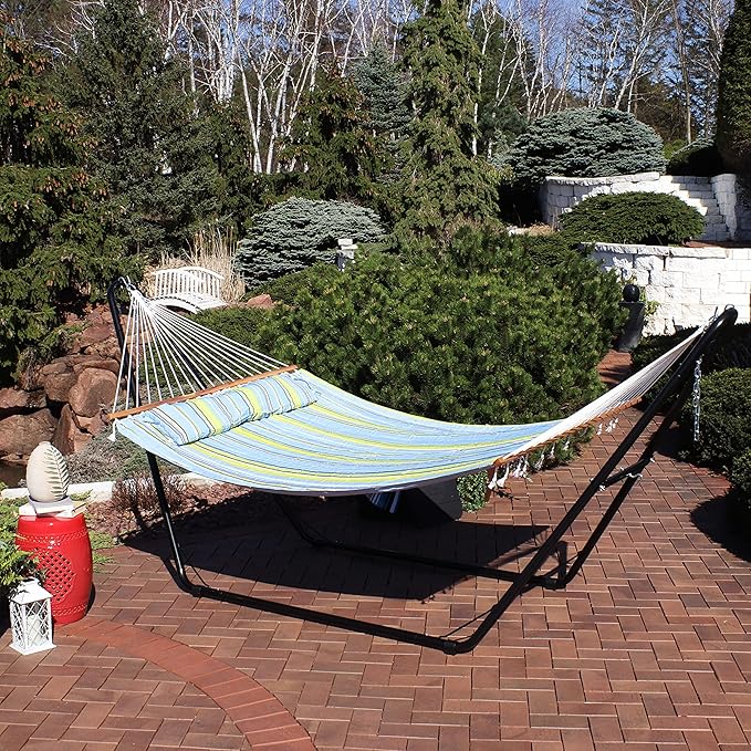 Sunnydaze Double Quilted Fabric Hammock with Universal Steel Stand - 450-Pound Capacity - Black Stand - Blue and Green