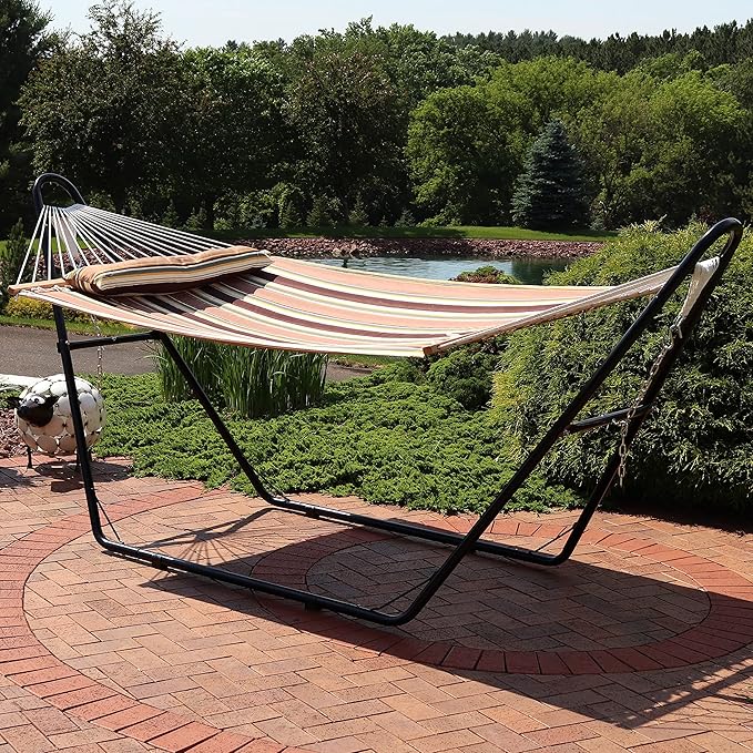Sunnydaze Double Quilted Fabric Hammock with Universal Steel Stand - 450-Pound Capacity - Black Stand - Sandy Beach