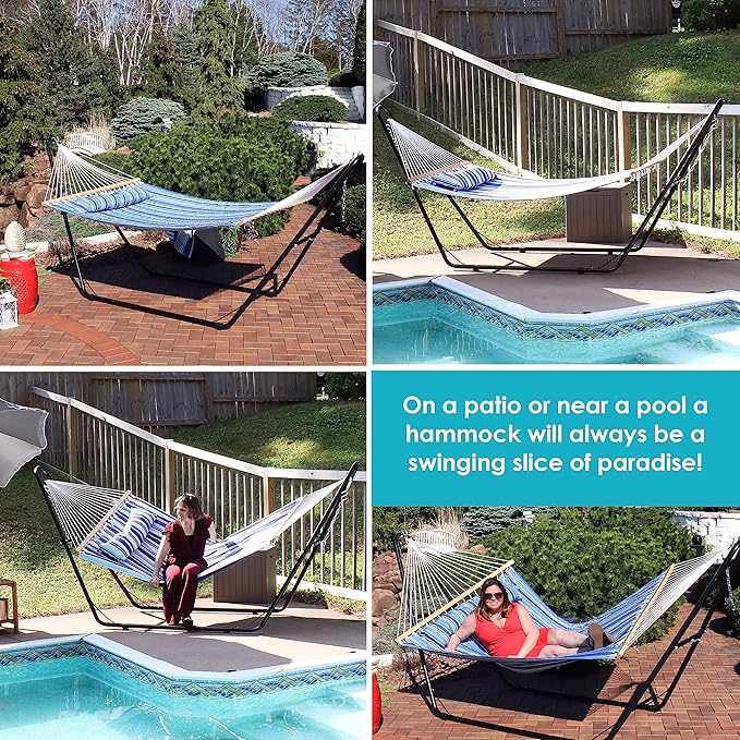 Sunnydaze Double Quilted Fabric Hammock with Universal Steel Stand - 450-Pound Capacity - Black Stand - Catalina Beach