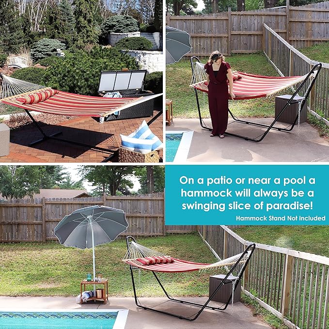 Sunnydaze Quilted Outdoor Hammock with Spreader Bars - Heavy-Duty 450-Pound Capacity Double Hammock for Outside - Red Stripe