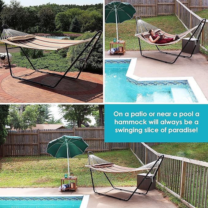Sunnydaze Double Quilted Fabric Hammock with Universal Steel Stand - 450-Pound Capacity - Black Stand - Sandy Beach