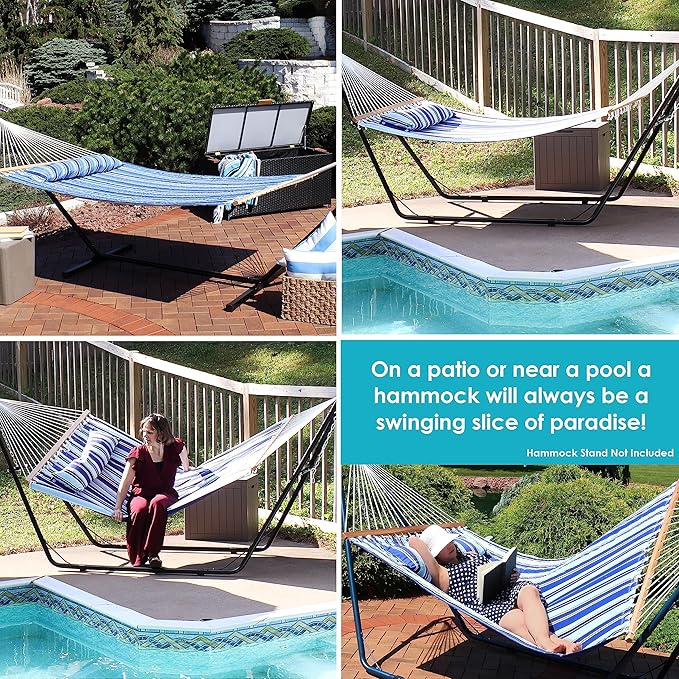 Sunnydaze Quilted Outdoor Hammock with Spreader Bars - Heavy-Duty 450-Pound Capacity Double Hammock for Outside - Catalina Beach