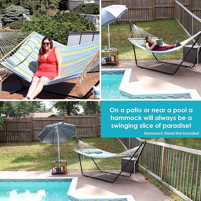 Sunnydaze Quilted Outdoor Hammock with Spreader Bars - Heavy-Duty 450-Pound Capacity Double Hammock for Outside - Blue and Green
