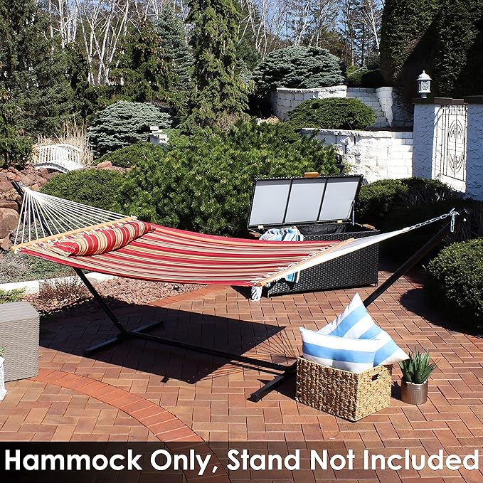Sunnydaze Quilted Outdoor Hammock with Spreader Bars - Heavy-Duty 450-Pound Capacity Double Hammock for Outside - Red Stripe