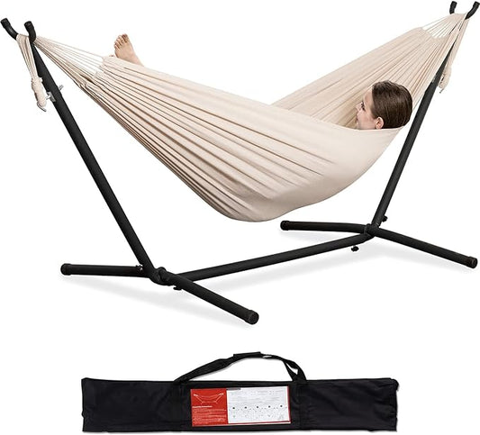 PNAEUT Double Hammock with Space Saving Steel Stand 2 Person Heavy Duty Garden Yard Outdoor 450lb Capacity Hammocks (Beige)