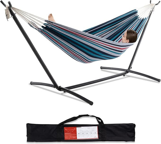 PNAEUT Double Hammock with Space Saving Steel Stand 2 Person Heavy Duty Garden Yard Outdoor 450lb Capacity Hammocks and Portable Carrying Bag (Denim)