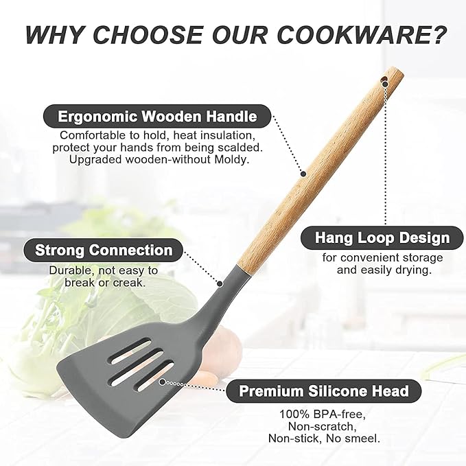 Kitchen Utensils Set, 33 pcs Non-Stick Silicone Cooking Utensils Set, Heat-Resistant Silicone, Wooden Utensils for Cooking, Kitchen Gadgets Spatula Set, Apartment Essentials Kitchen Set (Charcoal)