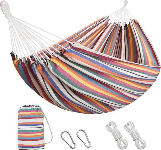 2 Persons Hammock with Tree Straps - Brazilian Double Hammock, Portable Hanging Camping Bed for Patio, Backyard, Porch, Outdoor and Indoor Use - Soft Cotton Hammock with Carrying Bag