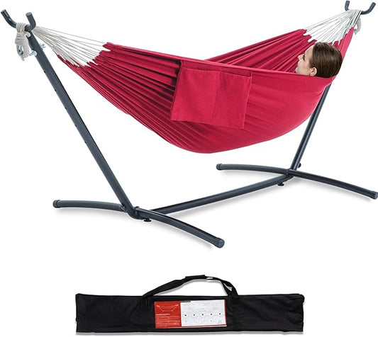 PNAEUT Double Hammock with Space Saving Steel Stand 2 Person Heavy Duty Garden Yard Outdoor 450lb Capacity Hammocks and Portable Carrying Bag (Cherry)