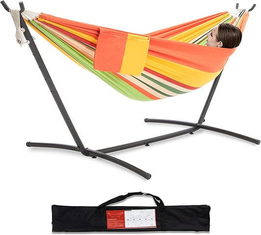 PNAEUT Double Hammock with Space Saving Steel Stand 2 Person Heavy Duty Garden Yard Outdoor 450lb Capacity Hammocks and Portable Carrying Bag (Orange)