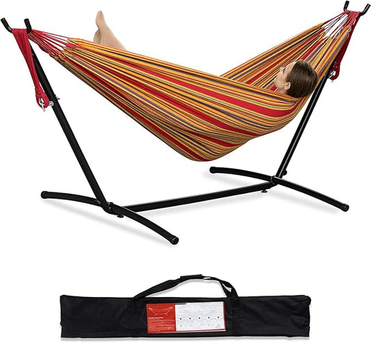 PNAEUT 2-Person Hammock with Space Saving Steel Stand Garden Yard Outdoor 450lb Capacity Double Hammocks and Portable Carrying Bag (Red)