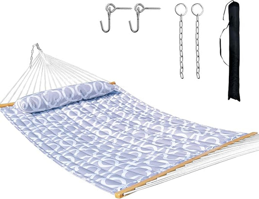 Double Hammock with Spreader Bar,Soft Pillow,Max Load 500lbs,Portable Hammock for Outdoor,Camping,and Backyard,White Gray