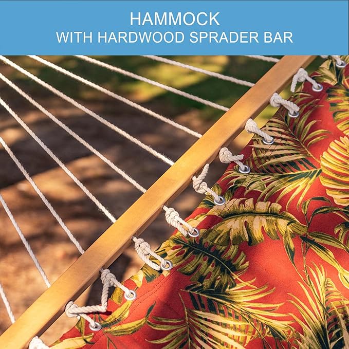 Lazy Daze Hammocks 12 FT Quilted Fabric Hammock with Spreader Bar, 2-Person Double Hammock with Chains and Pillow, Outdoor Hammock for Outside Patio Poolside Backyard Beach, 450 lbs Capacity, Red Leaf