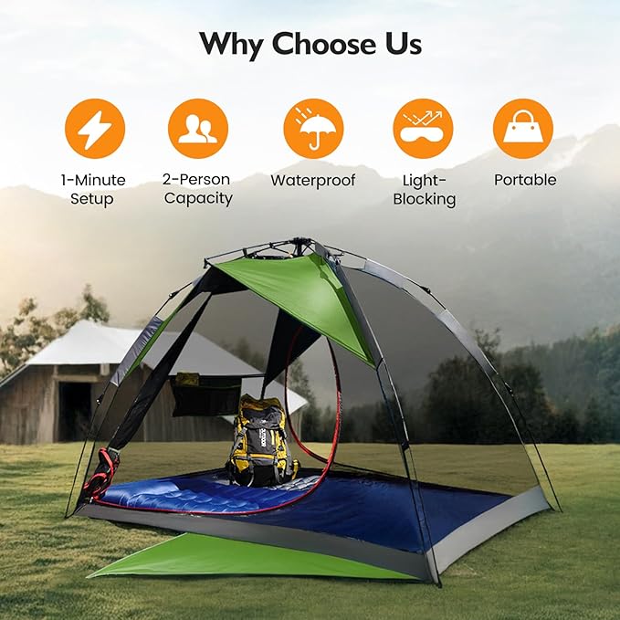 Camping Tent 2 Person, Waterproof & Blackout Double Layer Pop Up Outdoor Tent for Hiking, Travel, Picnic, Portable and Easy Setup