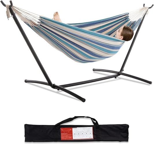 PNAEUT Double Hammock with Space Saving Steel Stand Included 2 Person Heavy Duty Garden Yard Outdoor 450lb Capacity Hammocks (Lightblue)