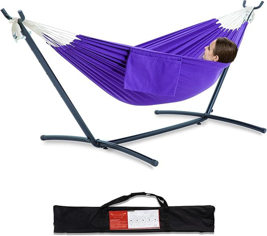 PNAEUT Double Hammock with Space Saving Steel Stand 2 Person Heavy Duty Garden Yard Outdoor 450lb Capacity Hammocks and Portable Carrying Bag (Purple)
