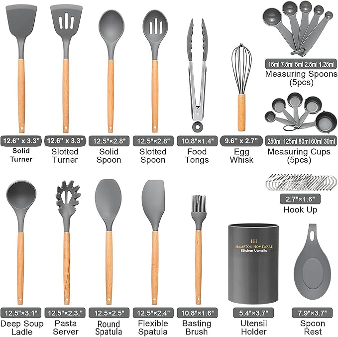 Kitchen Utensils Set, 33 pcs Non-Stick Silicone Cooking Utensils Set, Heat-Resistant Silicone, Wooden Utensils for Cooking, Kitchen Gadgets Spatula Set, Apartment Essentials Kitchen Set (Charcoal)