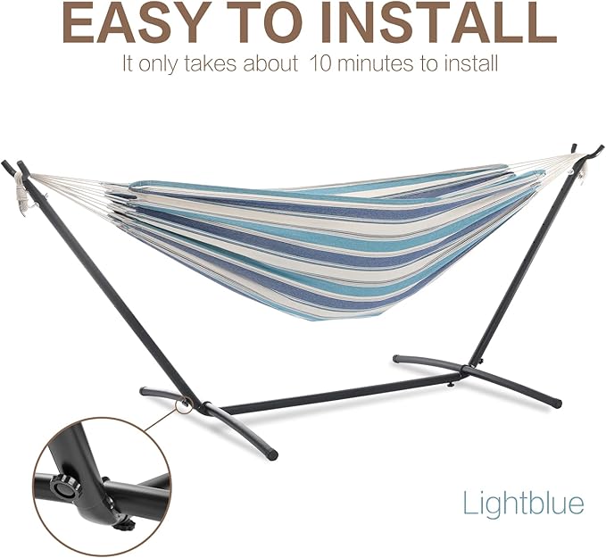 PNAEUT Double Hammock with Space Saving Steel Stand Included 2 Person Heavy Duty Garden Yard Outdoor 450lb Capacity Hammocks (Lightblue)