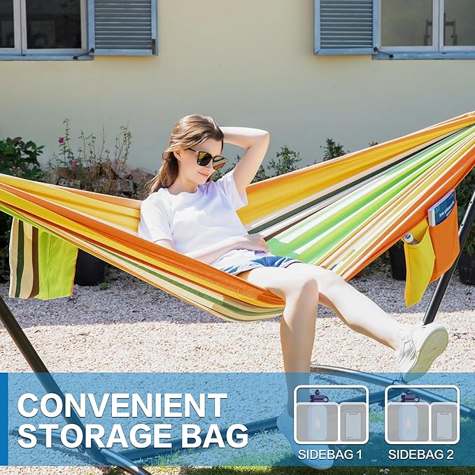 PNAEUT Double Hammock with Space Saving Steel Stand 2 Person Heavy Duty Garden Yard Outdoor 450lb Capacity Hammocks and Portable Carrying Bag (Orange)
