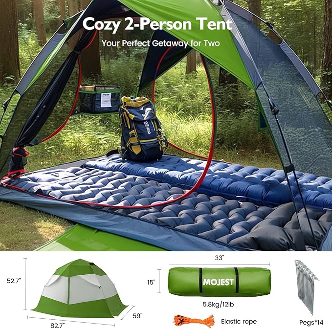 Camping Tent 2 Person, Waterproof & Blackout Double Layer Pop Up Outdoor Tent for Hiking, Travel, Picnic, Portable and Easy Setup