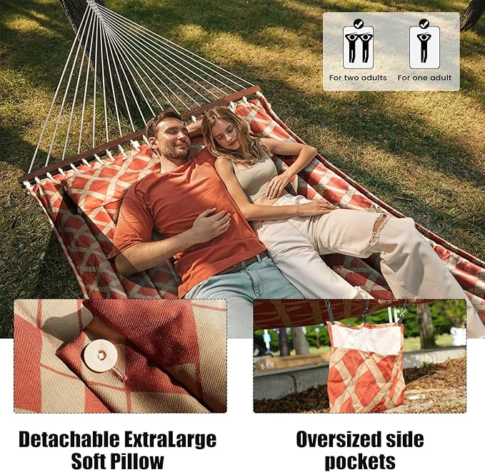 13 FT Tuscan Lattice Sienna/Taupe Quilted Hammock with Spreader Bars,Detachable Pillow and Chains,600lbs Capacity,Two Person Hammock for Outdoor, Patio, Backyard,Tree_Double Hammock
