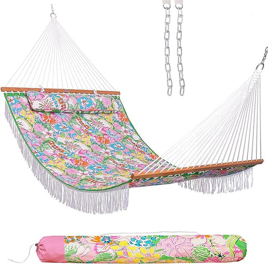 Lazy Daze Hammocks 12 FT Double Layered Quilted Fabric Hammock Swing with Pillow and Carrying Bag, Elegant Tassels and Spread Bar Heavy Duty Stylish for Two Person, Floral