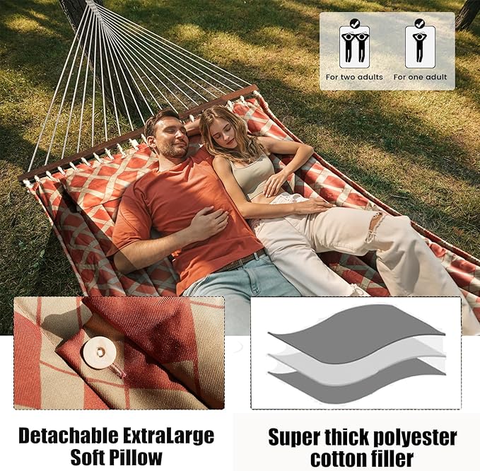 13FT Double Hammock With Spreader Bars - 600 lbs Capacity, Detachable Pillow, Heavy Duty Hanging Tree Design for Outside, Patio, Garden, Backyard, Beach, and Poolside