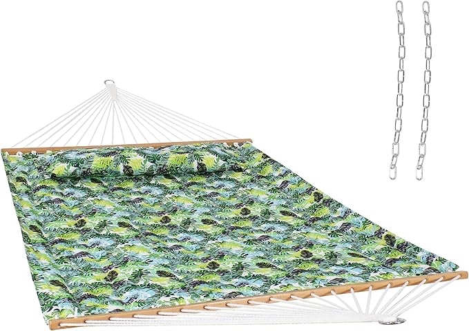 Sunnydaze Quilted Outdoor Hammock with Spreader Bars - Heavy-Duty 450-Pound Capacity Double Hammock for Outside - Tropical Greenery