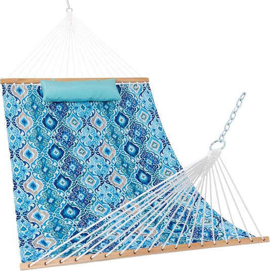 Lazy Daze Hammocks 12FT Quilted Fabric Hammock with Pillow, Double 2 Person Hammock with Spreader Bar for Outdoor Outside Patio Garden Yard Pool Beach QFH037