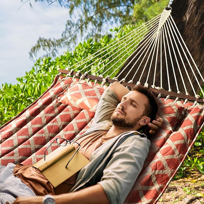 13 FT Tuscan Lattice Sienna/Taupe Quilted Hammock with Spreader Bars,Detachable Pillow and Chains,600lbs Capacity,Two Person Hammock for Outdoor, Patio, Backyard,Tree_Double Hammock