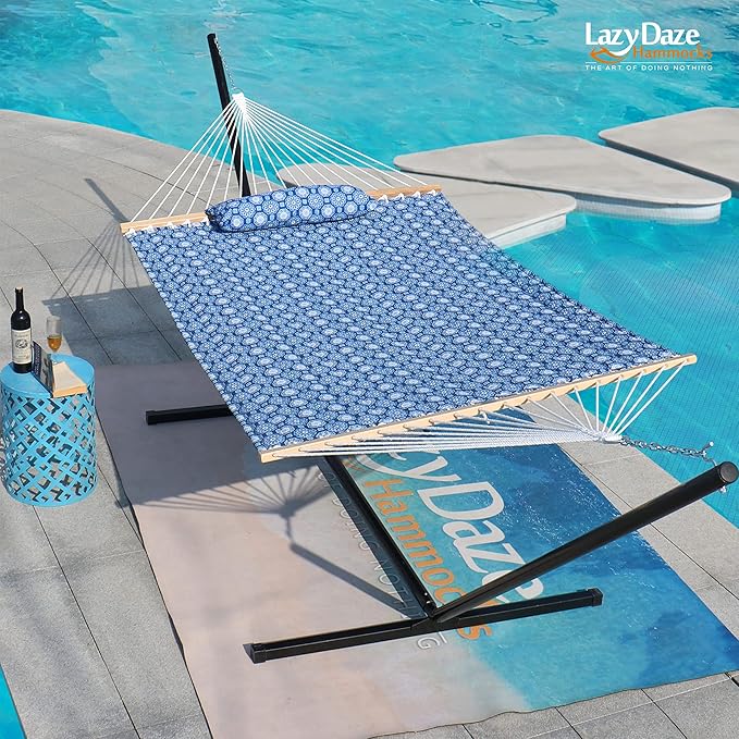Lazy Daze Hammocks 12 FT Double Quilted Fabric Hammock with Spreader Bars and Detachable Pillow, 2 Person Hammock for Outdoor Patio Backyard Poolside, 450 LBS Weight Capacity, Blue Floral,HM003648