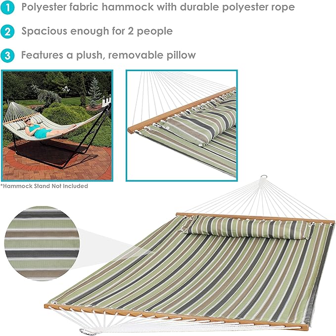 Sunnydaze Quilted Outdoor Hammock with Spreader Bars - Heavy-Duty 450-Pound Capacity Double Hammock for Outside - Khaki Stripe