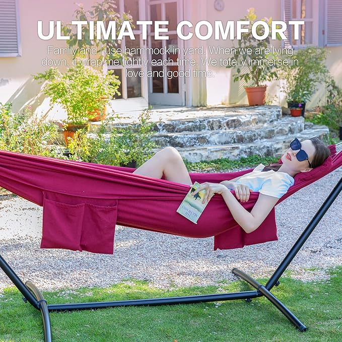PNAEUT Double Hammock with Space Saving Steel Stand 2 Person Heavy Duty Garden Yard Outdoor 450lb Capacity Hammocks and Portable Carrying Bag (Cherry)